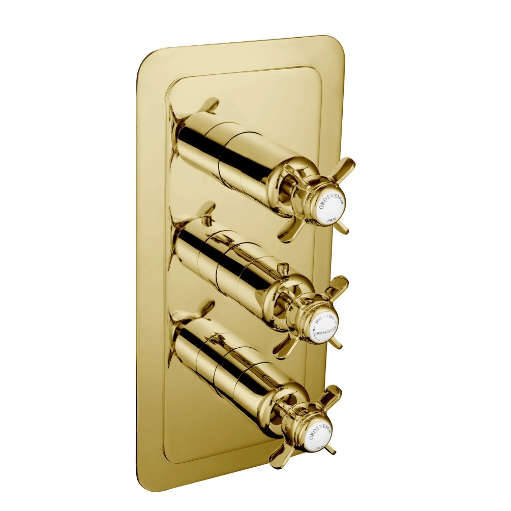 JTP Grosvenor Pinch Polished Gold Portrait 2 Outlet 3 Handle Concealed Shower Valve Cut Out